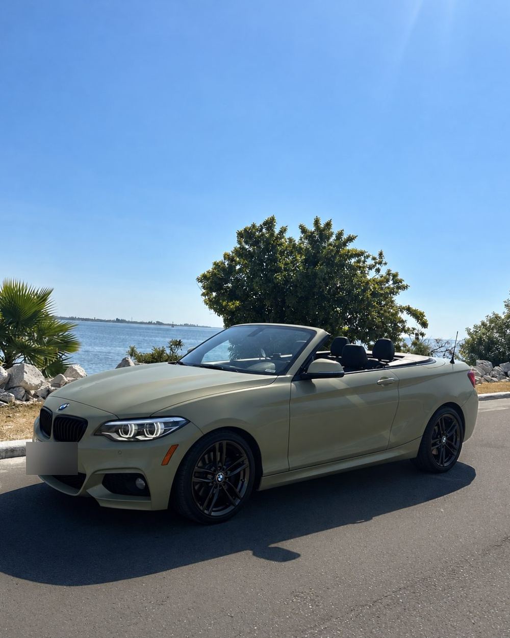 BMW 2 Series convertible in a matte olive wrap on the water
